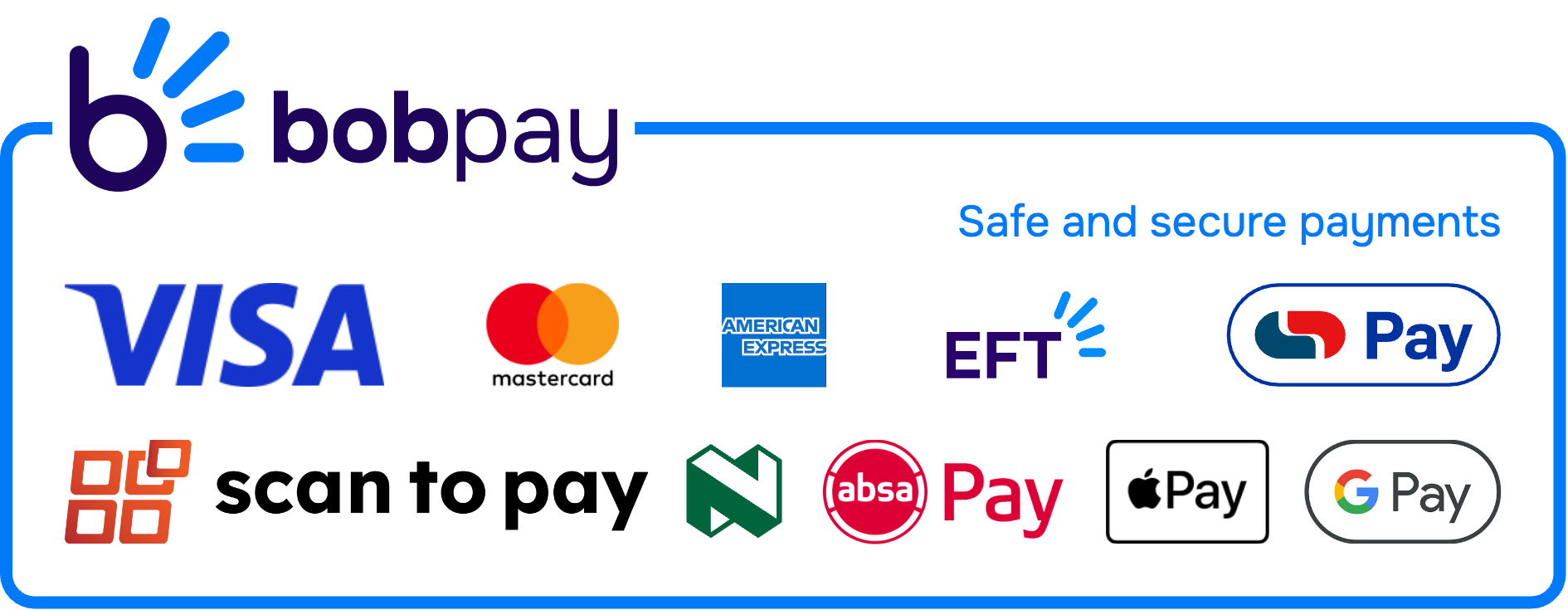 Safe and secure payments with Bob Pay: Visa, Mastercard, American Express, Instant EFT, Capitec Pay, Scan to Pay, Nedbank, Absa Pay, Apple Pay and Google Pay